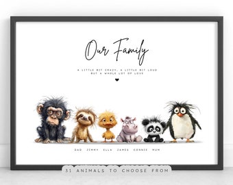 Personalised Animal Family Print | Funny Family Portrait | Father&#39;s Day Gift | Birthday Gift Idea For Mum Dad Granny | Family Wall Art