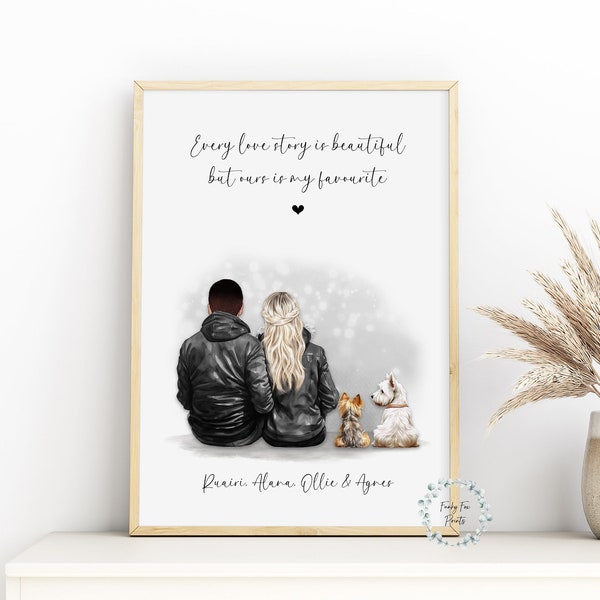 Personalised Couple & Pet Print | Family Dog Portrait | Dog Mum And Dad Print | Couple With Dog | Pet Print | Dog Family | Pet owner Gift