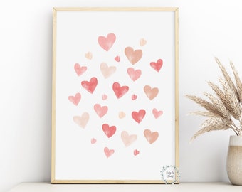 Watercolour Pink Hearts Print | Girl's Bedroom Wall Art Decor | Valentine's Day Printable Art | Nursery Print | Love Wall Art | Hearts Print