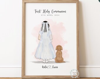 Holy Communion & Pet Print | First Holy Communion And Dog Gift | Communion Day Pet Portrait | Custom Girl's First Holy Communion With Pet