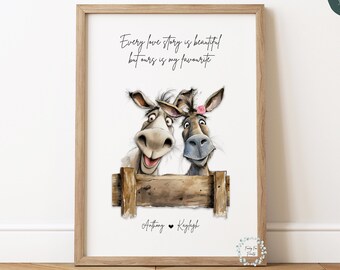 Personalised Donkey Couple Print | Donkey Love Print | Engagement Gift | Paper Anniversary | Wedding Gift | Custom Valentine's Day Print