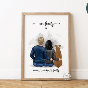 Personalised Family Dog Print | Couple & Dog Print | Anniversary Gift | Couple and Pet Print | Couple illustration | Custom Family Portrait