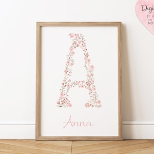 Impresión de nombre inicial floral personalizada / Decoración de guardería rosa / Regalo de niña / Impresión de nombre de bebé con flores / Impresión floral rosa / Arte de pared para guardería