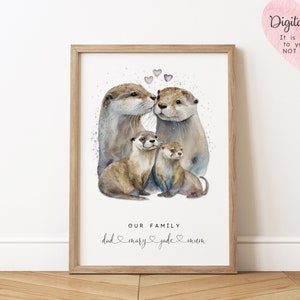 Lámina personalizada de nutria de río / Arte mural familiar de nutria / Retrato familiar personalizado / Regalo del Día del Padre / Lámina de nutria para habitación infantil / Nuevo hogar