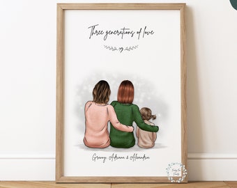 Regalo personalizado del Día de la Madre / Regalo para el cumpleaños de mamá / Tres generaciones de amor / Cumpleaños de la abuela / Abuela madre e hijas