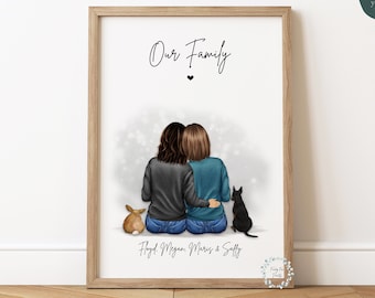 Personalised Lesbian Couple & Pets Print | Anniversary Gift | Couple and Pet Print | Gay Couple Gift | Custom Family Portrait | Family Print