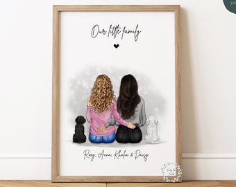 Personalised Lesbian Couple & Pet Print | Gift for Girlfriend Wife | Custom Pet Wall Art | Dog Mum Gift | Mother's Day Gift | Custom Dog Art