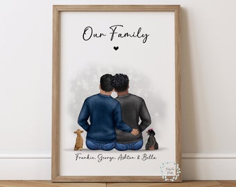 Personalised Gay Couple & Pets Print | Anniversary Gift | Couple and Pet Print | Gay Couple Gift | Custom Family Portrait | Family Print