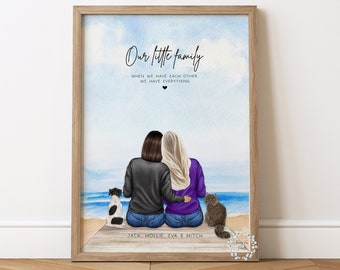 Personalised Lesbian Couple & Pets Print | Anniversary Gift | Couple and Pet Print | Gay Couple Gift | Custom Family Portrait | Family Print