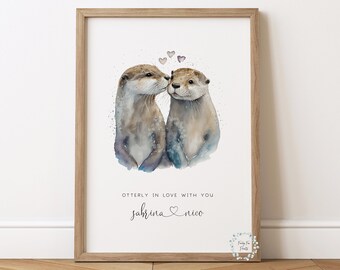 Custom Valentine's Day Print | Personalised Cute Otter Couple Print | Otterly In Love | Engagement Gift | Paper Anniversary | Wedding Gift