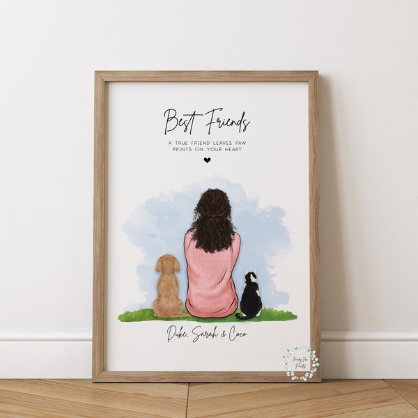 Personalisierter Besitzer & Haustierdruck | Beste Freundin Geburtstagsgeschenk | Haustier Portrait | Dame Und Hund Druck | Muttertagsgeschenk | Pet Loss Print