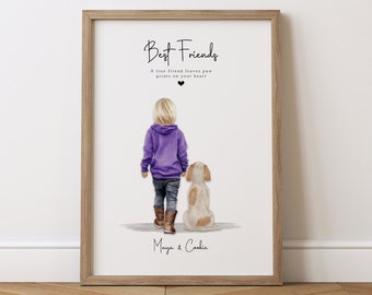Personalised Child And Pet Print | Girl & Pet Print | Pet Portrait | Child And Pet Print | Child's Birthday Gift  | Child's Bedroom Wall Art