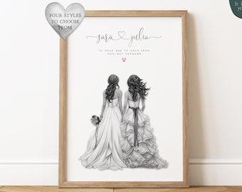 Personalised Lesbian Wedding Print | Bride & Bride Wedding Gift | Gay Couple Gift | Wedding Present | Gift for Brides | Custom Wedding Gift