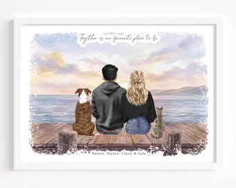 Lámina personalizada para parejas y mascotas / Retrato familiar de perros / Regalo para padres amantes de los perros / Día de San Valentín / Arte personalizado para novios / Decoración para mascotas