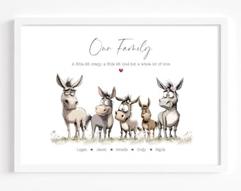 Impresión familiar de burros / Retrato familiar divertido / Regalo del Día del Padre / Regalo de cumpleaños personalizado para mamá, papá y abuela / Arte mural familiar personalizado