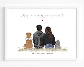 Retrato personalizado de pareja y mascota / Impresión conmemorativa del Puente Arcoíris / Arte familiar personalizado para mascotas / Regalo conmemorativo por la pérdida de una mascota / Memorial para perros y gatos