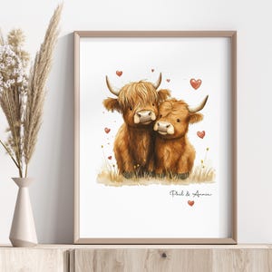 Stampa personalizzata di coppia di mucche delle Highlands / Regalo per San Valentino / Idee regalo di fidanzamento / Primo anniversario di matrimonio / Regalo per la nuova casa / Regalo di nozze