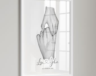 Lámina personalizada con las manos de una pareja / Regalo de boda / Nombres y fecha personalizados / Regalo de aniversario / Arte minimalista en blanco y negro / Lámina de compromiso