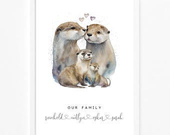 Personalised River Otter Family Print | Otter Family Wall Art | Custom Family Portrait | Father&#39;s Day Gift | Otter Nursery Print | New Home