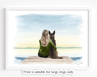 Lámina personalizada de mujer y mascota / Retrato de mascota femenina / Regalo para el Día de la Madre / Para amantes de los perros / Regalo de cumpleaños para mamá / Apto solo para perros grandes