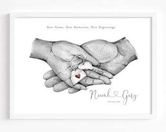 Lámina personalizada para nuevo hogar / Regalo de inauguración para parejas / Ilustración de la llave de la primera casa / Recuerdo personalizado con nombres y fecha / Regalo de mudanza