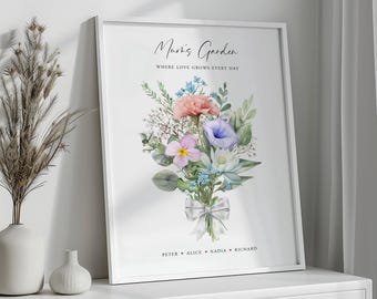 Regalo para el Día de la Madre con flor de nacimiento / Arte mural para mamá y abuela / Impresión personalizada con el nombre de la familia / Regalo personalizado para mamá, niñera, abuela o abuela