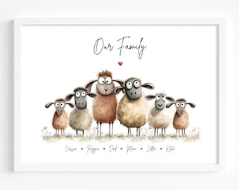 Lámina de familia de ovejas / Ideas de regalo para el Día del Padre / Lámina familiar personalizada / Idea de regalo de cumpleaños para mamá, papá y abuela / Arte mural familiar divertido y peculiar