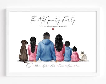 Retrato personalizado de familia y mascota / Regalo de cumpleaños para mamá y papá / Arte mural familiar / Impresión para nuevo hogar / Foto familiar personalizada / Ideas para regalos de Navidad