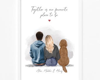Impresión personalizada de pareja y perro / Retrato familiar de perro / Regalo para mamá y papá / Regalo de San Valentín / Regalo para novio y novia / Regalo para dueño de mascota