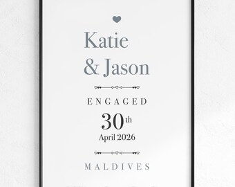 Lámina de compromiso personalizada / Nombres de la pareja, fecha y lugar personalizados / Regalo de compromiso / Arte mural de amor / Regalo para recién comprometidos / Arte minimalista