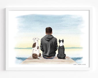 Impresión de hombre y perro en el lago / Ideas de regalo de cumpleaños para novios y esposos / Impresión de hombre y perro / Arte personalizado para mascotas / Papá perro / Retrato artístico personalizado para dueños de mascotas