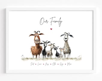 Impresión familiar de cabras / Ideas de regalo para el Día del Padre / Impresión familiar personalizada / Idea de regalo de cumpleaños para mamá, papá, abuelo o abuela / Regalo para pastor de cabras