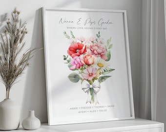 Impresión de flores para el nacimiento de tus nietos / Regalo personalizado para abuelos / Flores para el mes de nacimiento / Arte familiar personalizado con nombres / Ideas para regalos de cumpleaños