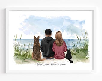 Impresión personalizada de pareja y mascota / Retrato familiar de perro / Regalo para mamá o papá / Regalo de San Valentín / Regalo para novio o novia / Regalo para dueño de mascota