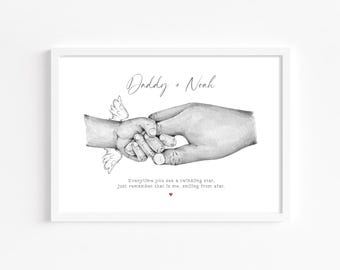 Lámina conmemorativa infantil personalizada / Alas de ángel de la mano de papá / Regalo de duelo / Pérdida de un bebé / Arte mural de condolencias