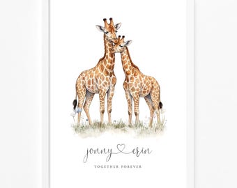 Lámina de pareja de jirafas / Regalo de compromiso / Aniversario de papel / Regalo de boda / Regalo personalizado para el Día de San Valentín / Decoración del hogar / Arte de pared personalizado