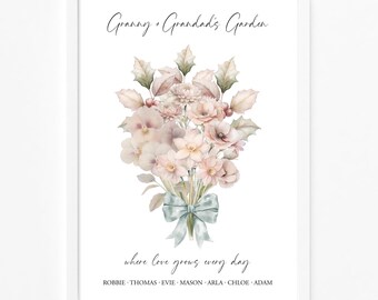 Impresión de flores para el nacimiento de tus nietos / Regalo personalizado para abuelos / Flores para el mes de nacimiento / Impresión personalizada con nombres para nietos / Regalo de Navidad