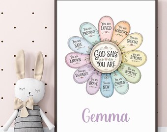 Regalo personalizado para bautizo de niña / Decoración para bautizo / Regalo para ahijada / Regalo de padrino/madrina / Afirmaciones florales cristianas / Lámina para habitación infantil
