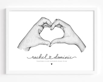 Lámina personalizada con las manos de una pareja / Regalo de boda / Nombres y cita personalizados / Regalo de aniversario / Arte minimalista en blanco y negro / Lámina de compromiso