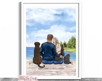 Impression personnalisée couple et animal de compagnie | Cadeau pour maison neuve | Cadeau d'anniversaire | Cadeau pour fiancés | Impression couple personnalisée | Cadeau pour propriétaire d'animal de compagnie