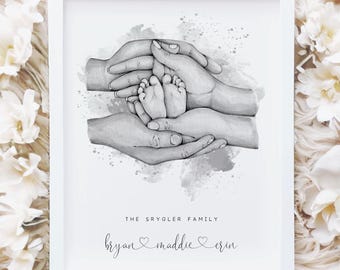 Lámina personalizada para recién nacidos, lámina de manos y pies, regalo para nuevos padres, lámina para recién nacidos de 3 personas, regalo para el Día del Padre o la Madre.