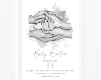 Impresión personalizada de ángel para bebé / Gemelos / Trillizos / Impresión de pies de bebé / Pérdida de bebés / Nacido muerto • Recuerdos de aborto espontáneo / Regalo conmemorativo para bebé