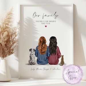 Lesbian Couple & Pet Print | Gift Ideas For Gay Couple | Engagement Gift | Anniversary Gift | Couple and Pet Print | Valentine&#39;s Day Gift