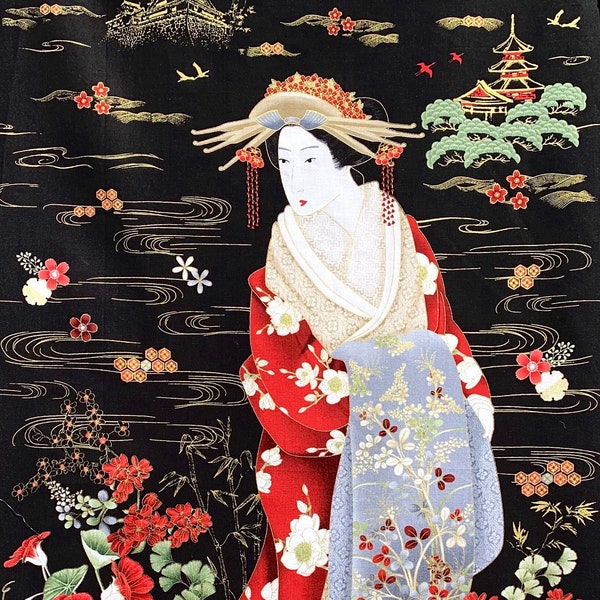 Geisha fabric panel, Japanese lady maiko black, Chinese Oriental style material for quilting or wall hanging