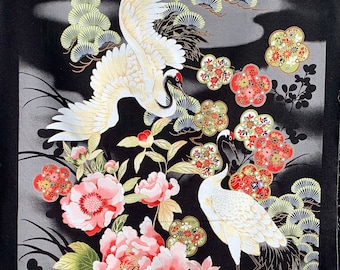 Cranes fabric panel, Japanese style heron storks, quilting cotton, oriental asian, cotton, floral, wall hanging