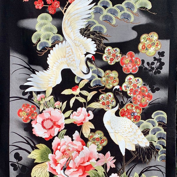 Cranes fabric panel, Japanese style heron storks, quilting cotton, oriental asian, cotton, floral, wall hanging