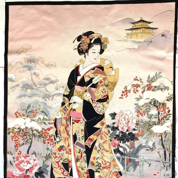 Panneau de tissu Geisha, dame japonaise maiko or, matériau de style oriental chinois pour le matelassage ou la tenture murale
