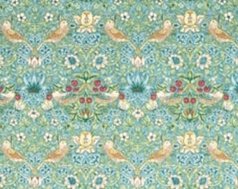 William Morris Strawberry Thief (Mini) fabric, aqua green blue Art Nouveau bird print craft cotton, Morris & Co