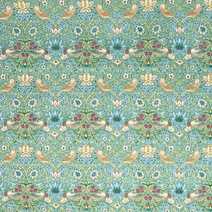 William Morris Strawberry Thief (Mini) fabric, aqua green blue Art Nouveau bird print craft cotton, Morris & Co