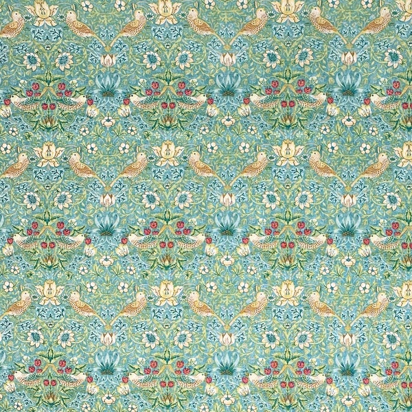 William Morris Strawberry Thief (Mini) fabric, aqua green blue Art Nouveau bird print craft cotton, Morris & Co